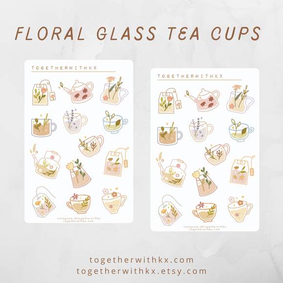 Floral Glass Tea Cups Sticker Sheet