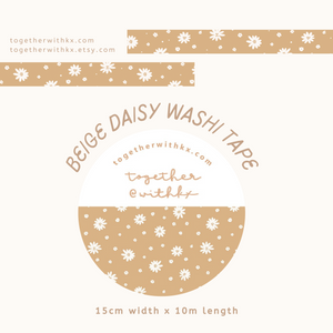 white daisy 15mm washi tape design on a solid beige coloured background