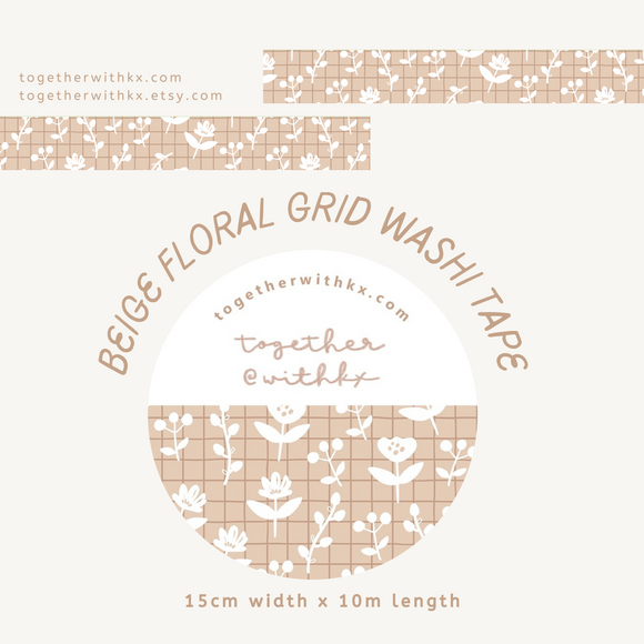 white floral washi tape design on a beige grid background